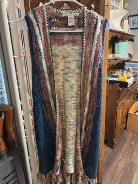 American Rag Striped Open-Knit Fringe Vest in Blue, Cream & Rust